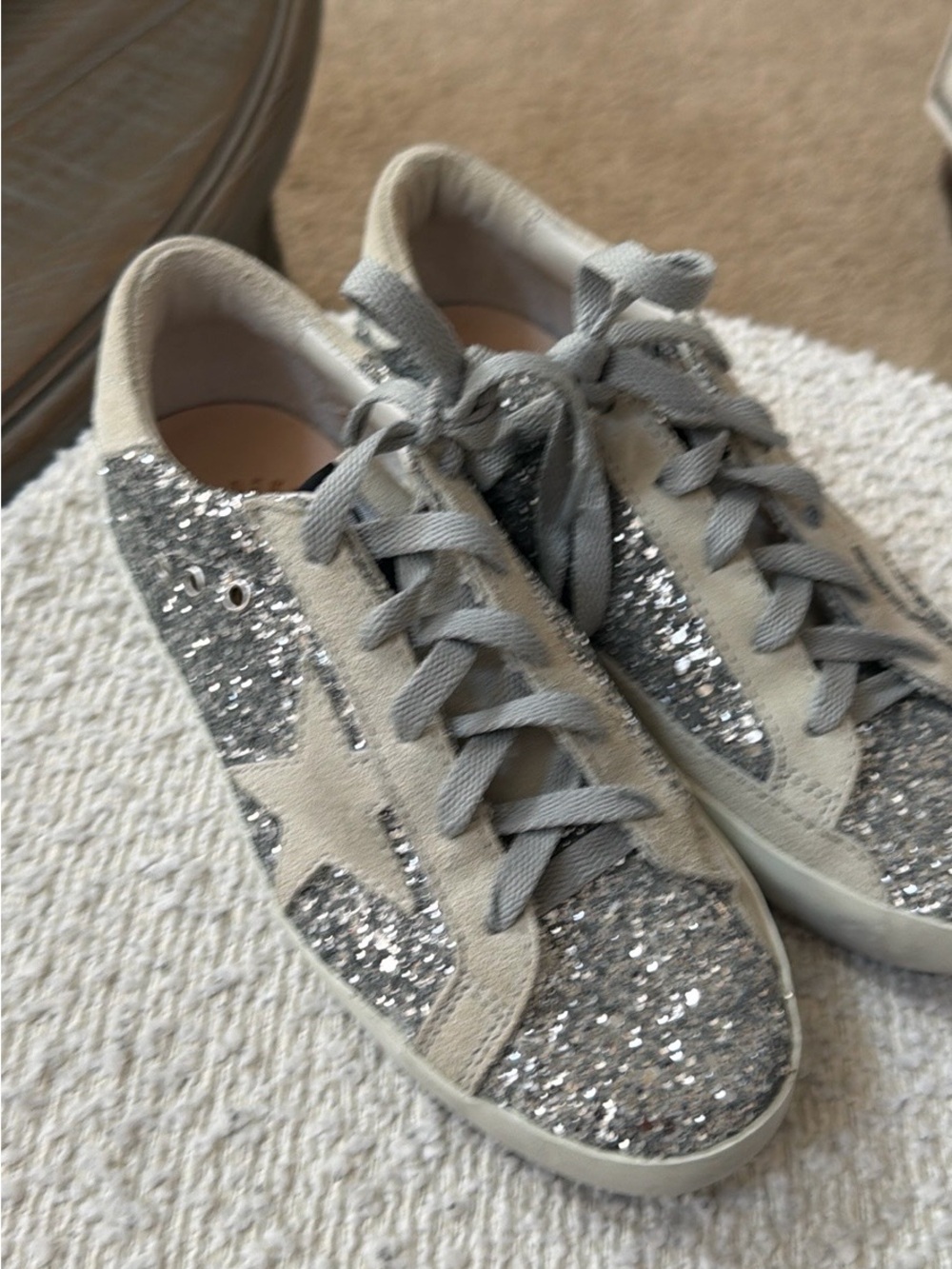 Golden Goose Silver Glitter Low-Top Sneakers with Gray Suede Star